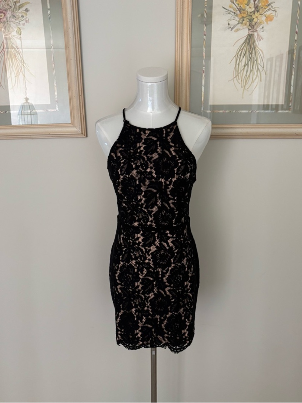 Black Lace Halter Cocktail Mini Dress